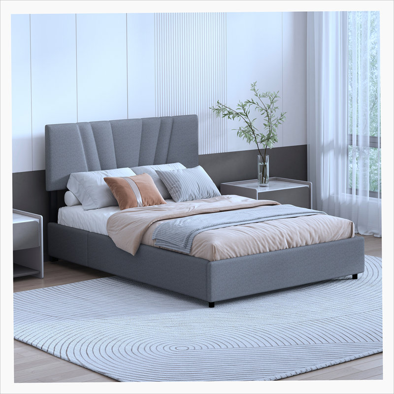 Full Platform Bed with Lifting Storage Full Size Bed Frame with Storage and Tufted Headboard Gray